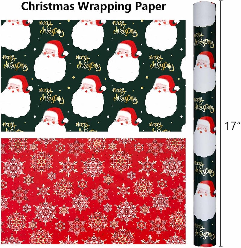 MAYPLUSS Christmas Wrapping Paper Roll - 17IN X 33FT - Green Gift Wrap Paper Featuring Santa Claus Gold Merry Christmas Reversible Snowflake for Kids, Holiday, New Year - Image 4